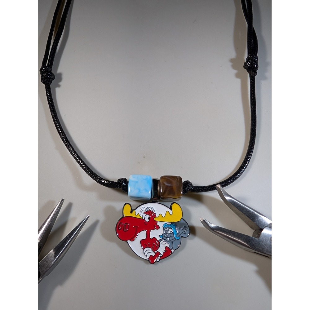Rocky and Bullwinkle Repurposed Enamel Pin Adjustable Cord Necklace 14-27in